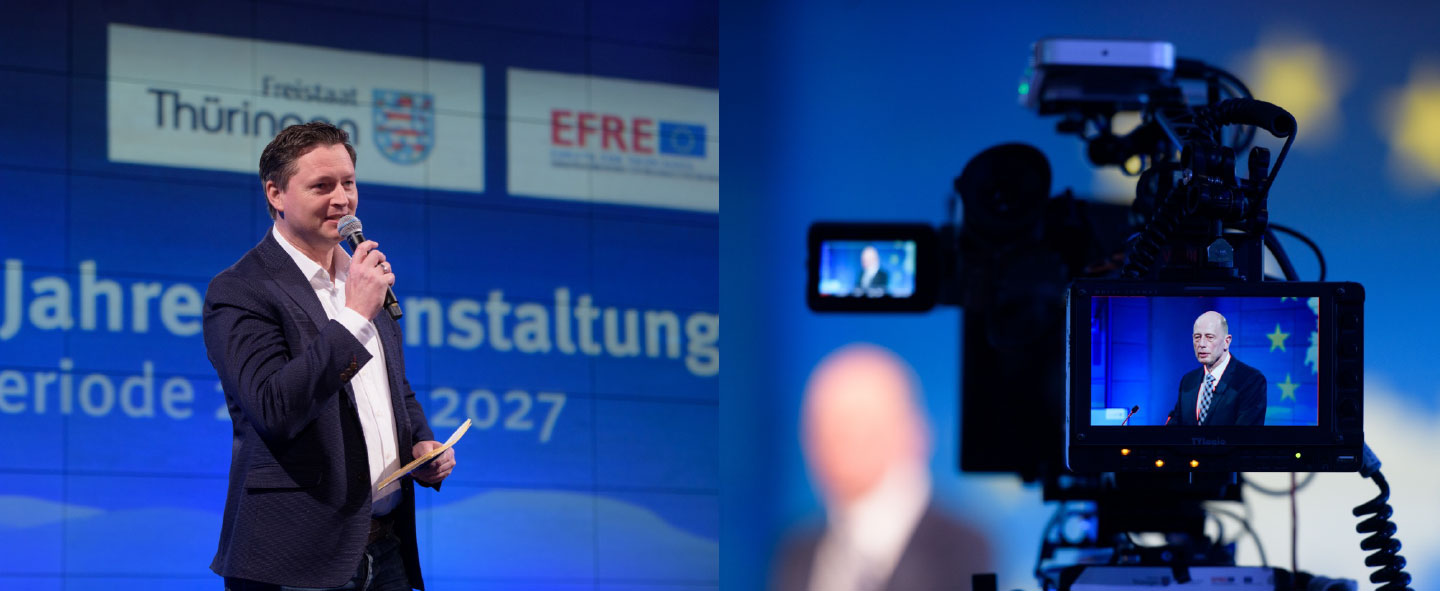 Impressionen der Jahresveranstaltung 2020. Personen: Moderator Andreas Fritsch und Minister Wolfgang Tiefensee